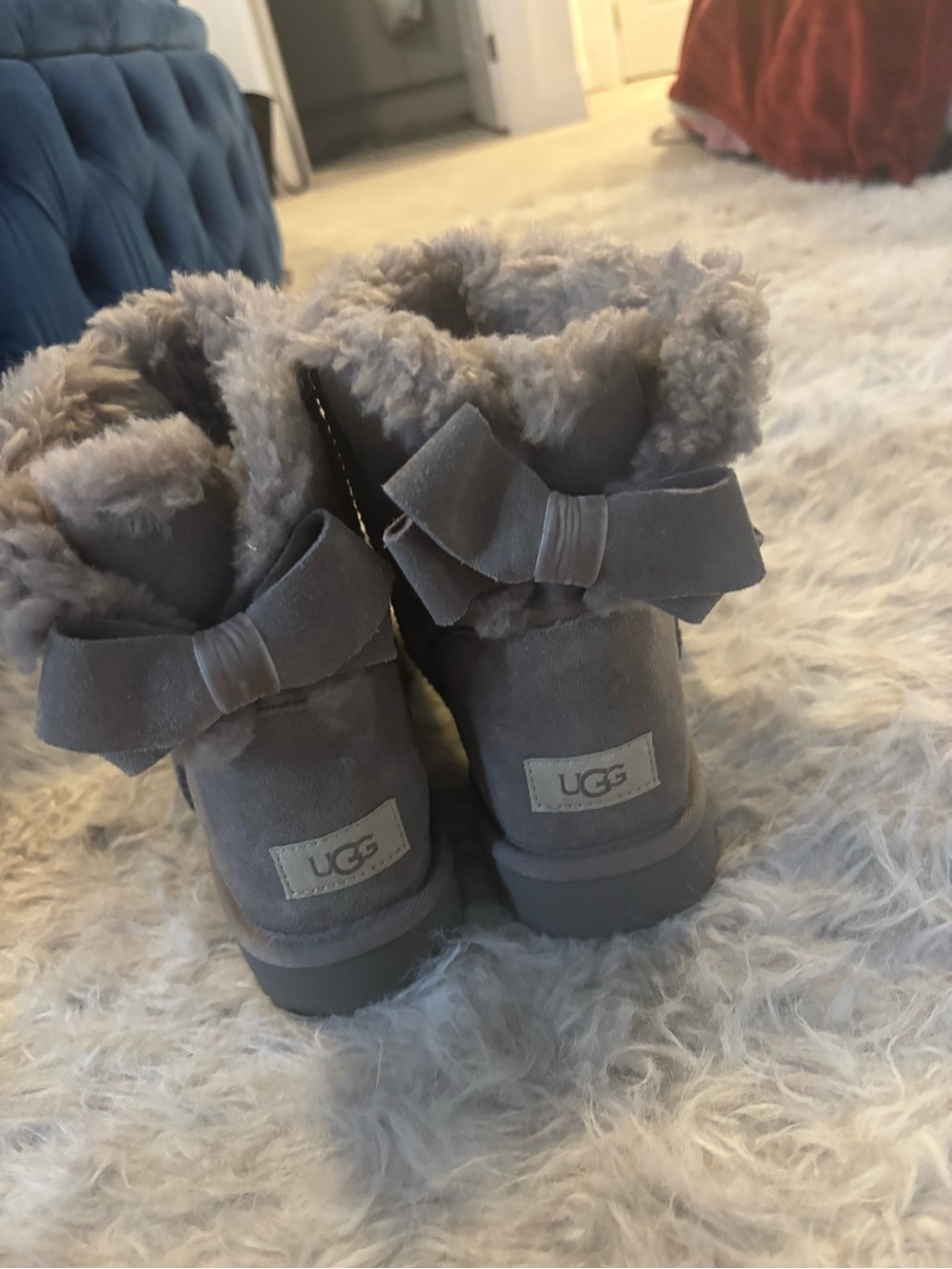 UGG Gray Suede Sheepskin Bow Ankle Boots